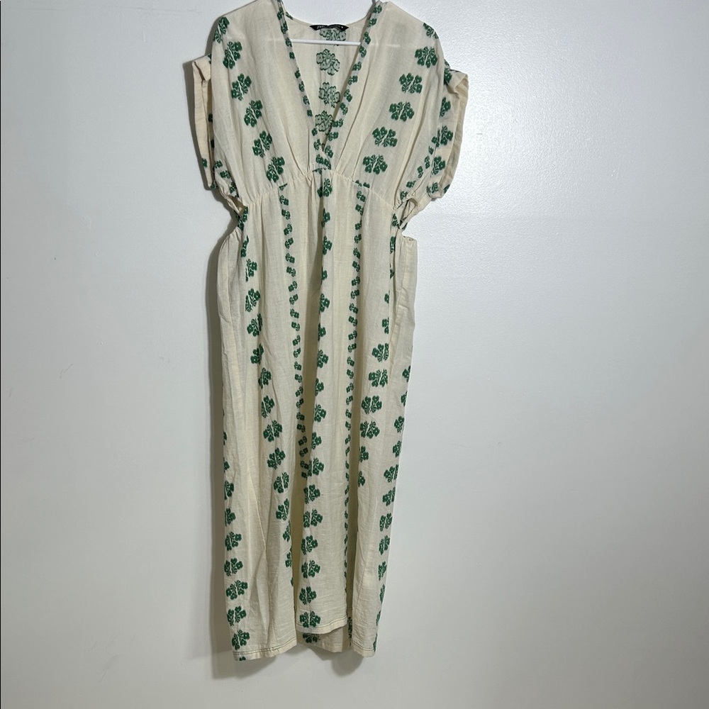 Zara Cream and Green Midi Dress